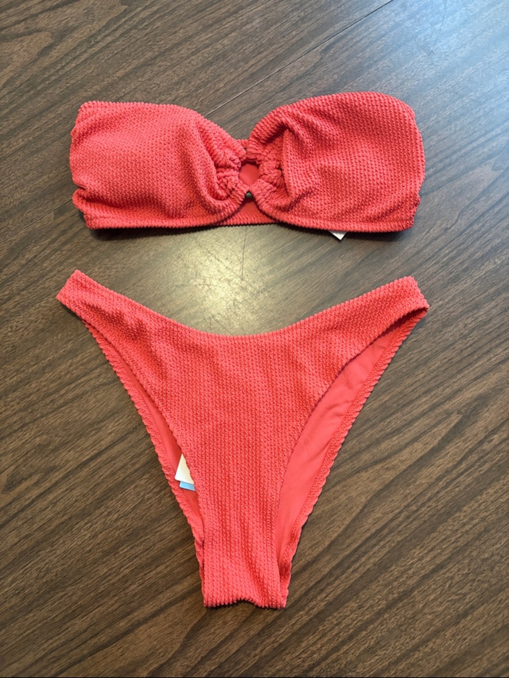 NEW H&M Medium Bandeau Bikini Top Cheeky Bottoms Textured Coral Set